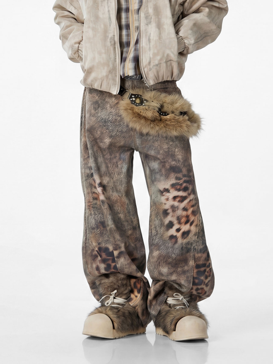 BeltSkip – Unisex 3D-gedruckte Distressed-Hose im Leopard-Design mit geschwungenem Beinverlauf