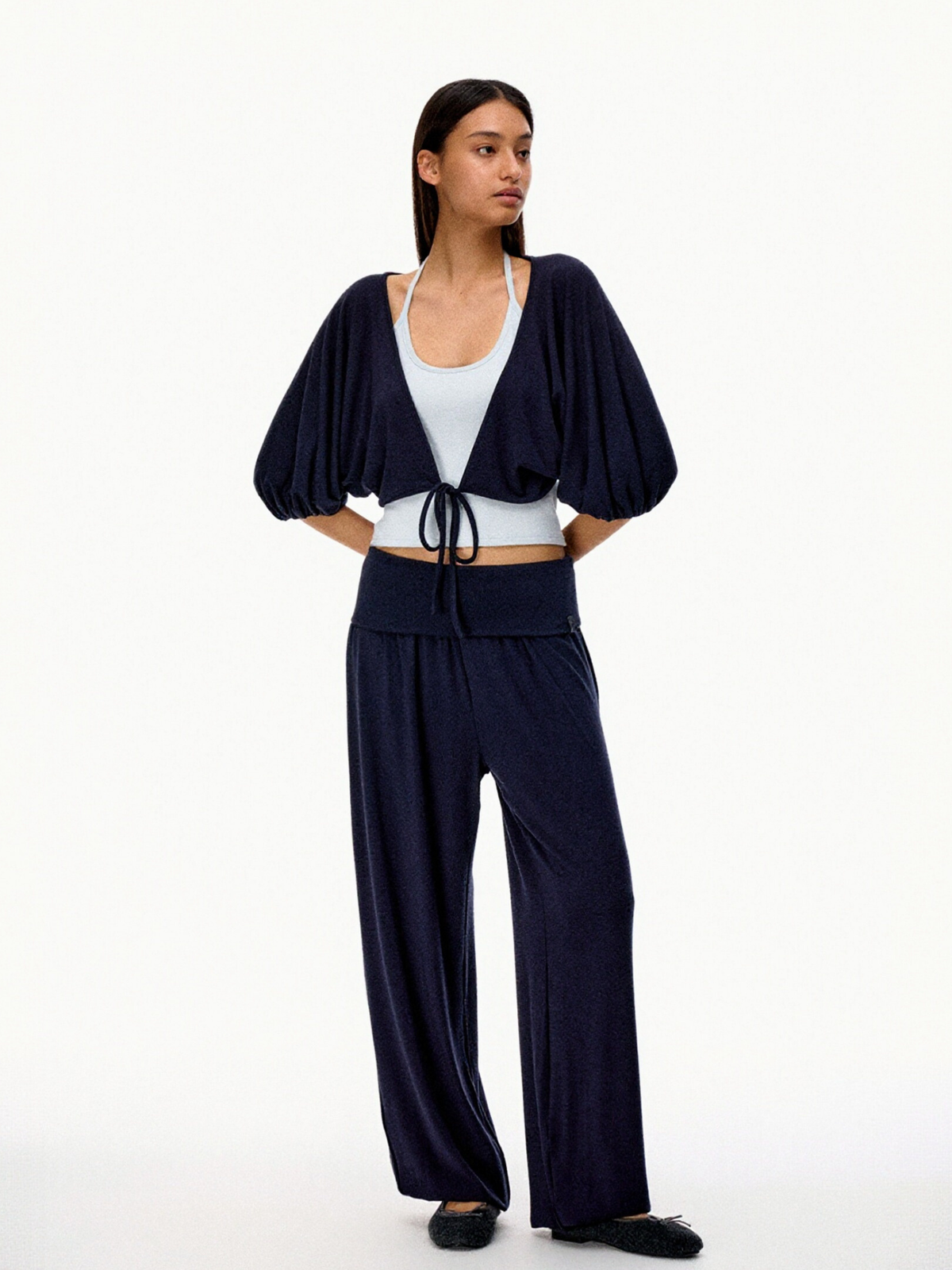 SilkTouch – Damen-Strickset mit Kontrast-Ballonärmeln und verkürztem Schnitt